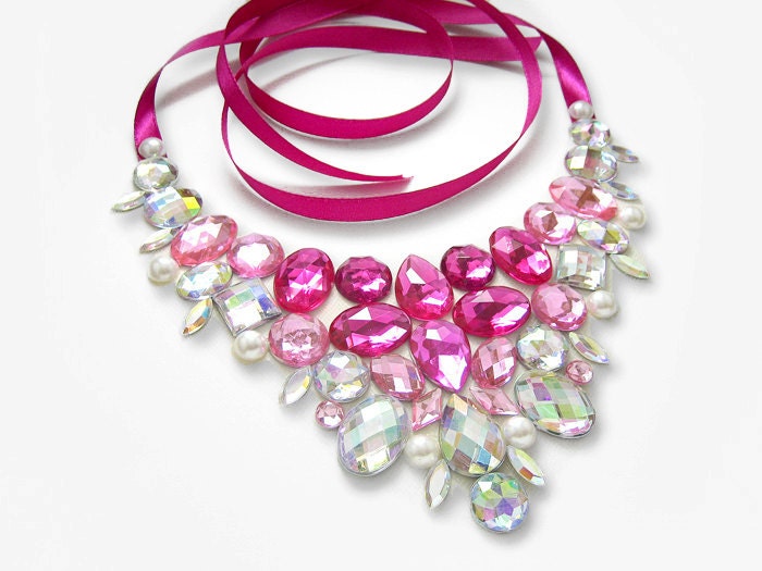 Bib Necklace, Pink, Rhinestone Statement Necklace, Crystal AB, Bridesmaid Necklace