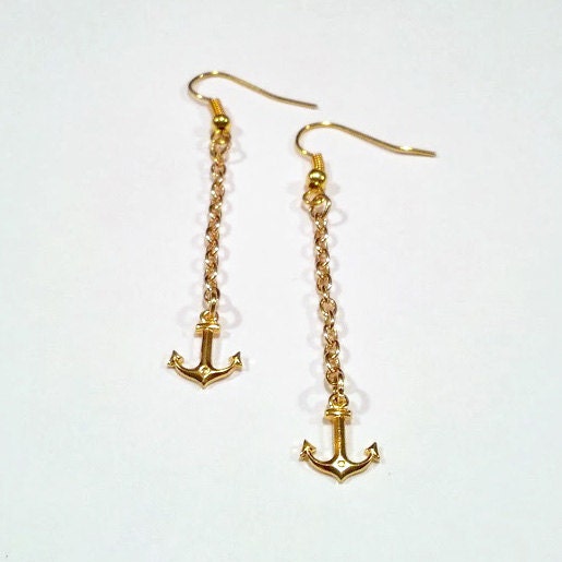 Delicate nautical gold anchor charm dangle earrings