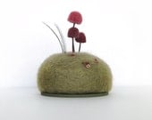 Mushrooms in Raspberry Nature Scene Home Decor Pincushion Made To Order
