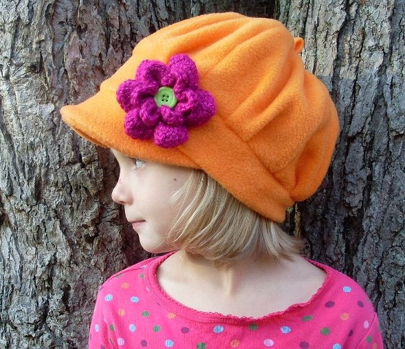 Funky orange fleece  hat with crocheted flower  - READY TO SHIP - EmmasLittleCreations