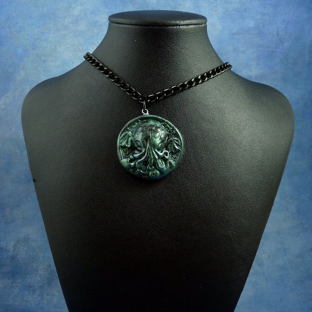 Dark Green Small Cthulhu Cameo Necklace with Chain, Polymer Clay Fashion Jewelry