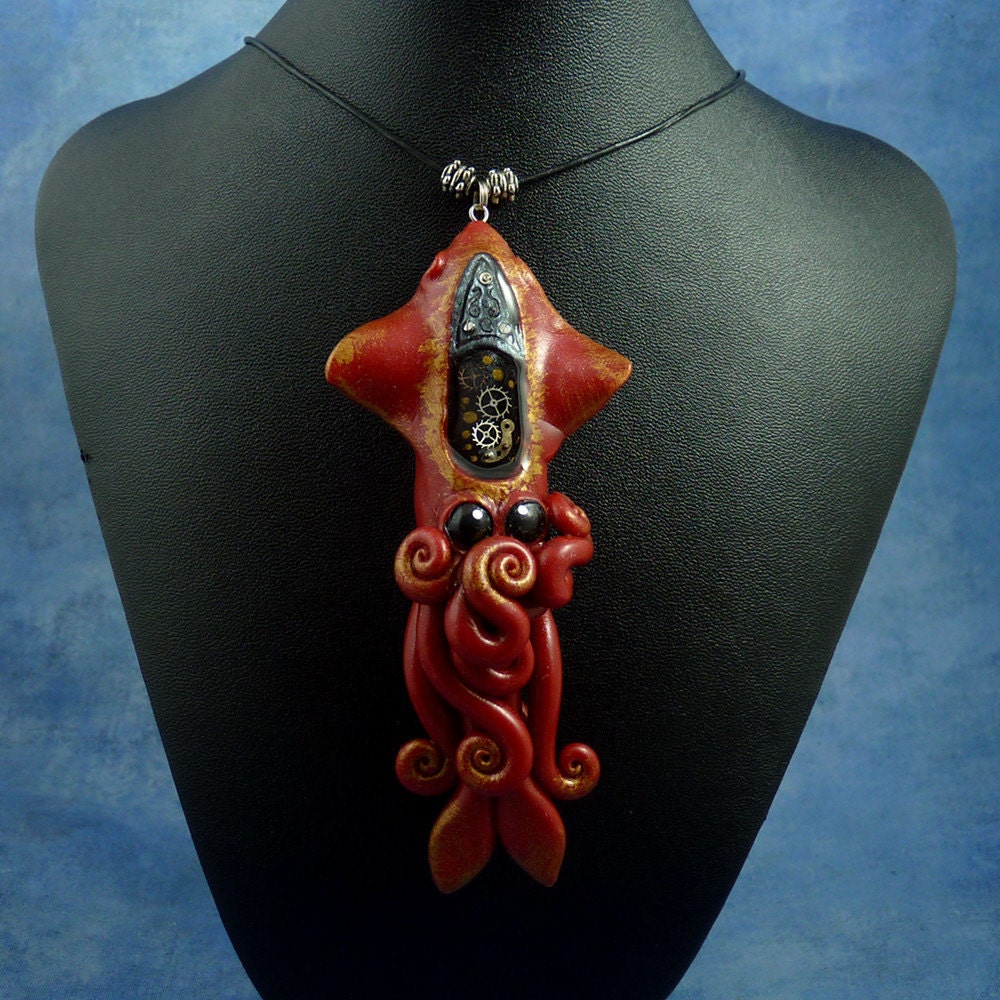 Gilded Steampunk Squid Necklace, Polymer Clay Neo-Victorian Cephalopod Jewelry