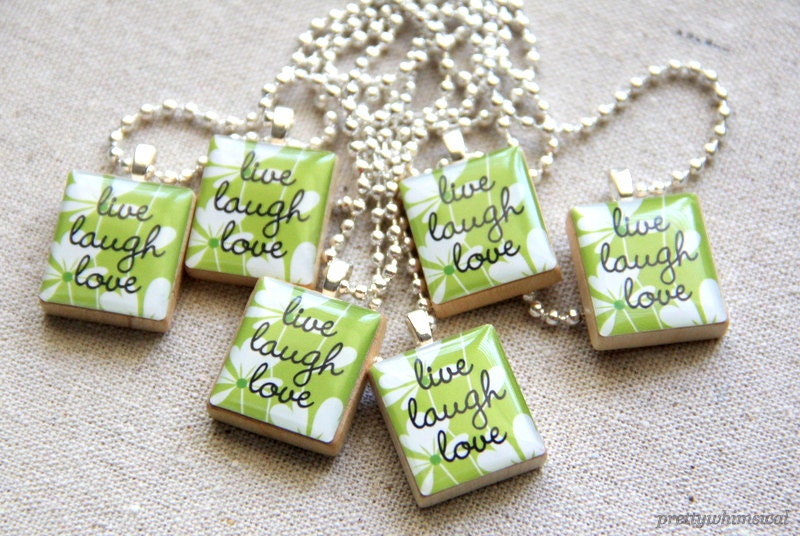 Live Laugh Love, 6 Green Floral Necklace, Bridesmaid Jewelry, Scrabble Tile Pendants