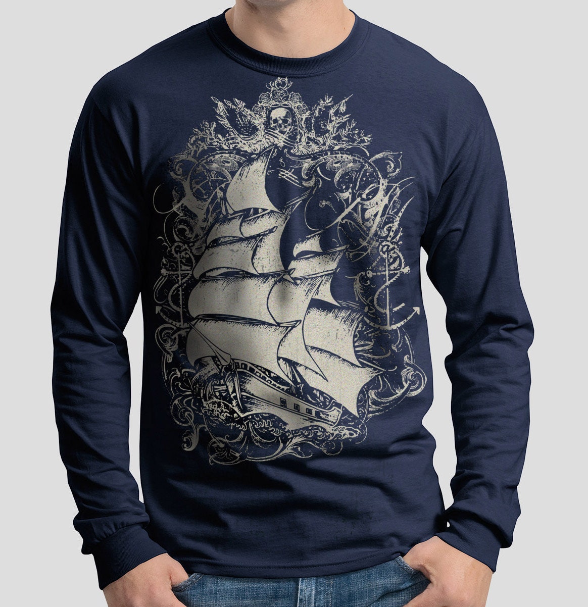 Long Sleeve Men's T-shirt Navy  Blue Pirate Ship Tall Ship T-shirt