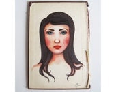 Original Portrait Painting Illustration of a girl with black hair and blue eyes on vintage book cover