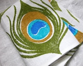 Hand Printed Peacock feather linen tea towel set of 3