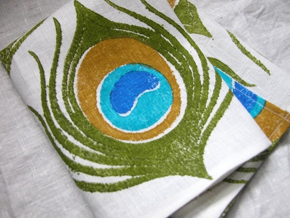 Hand Printed Peacock feather linen tea towel set of 3