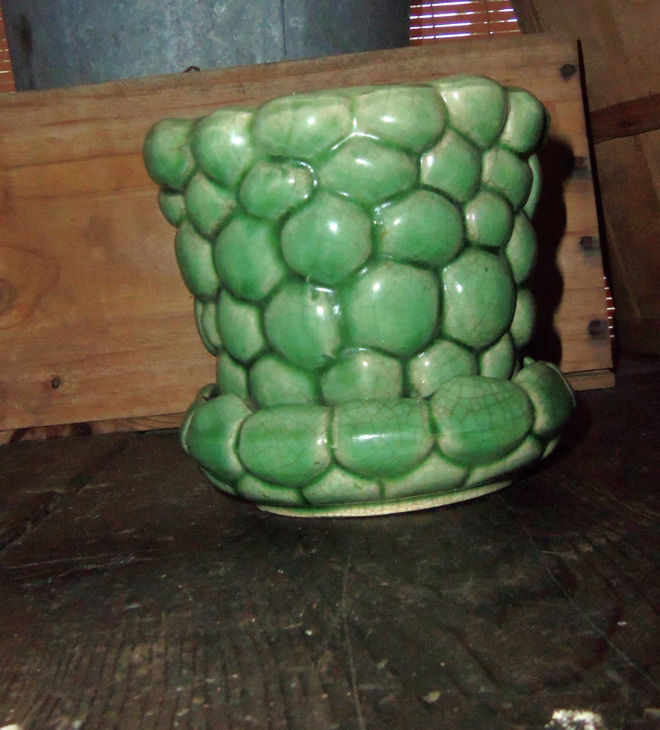 Vintage Mccoy Planter Green Pebble Pottery Garden Pot Attached Saucer Brush Mccoy