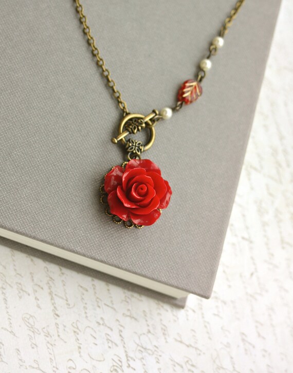 Red Rose Necklace. Romantic Red Flower Ivory Pearl by Marolsha