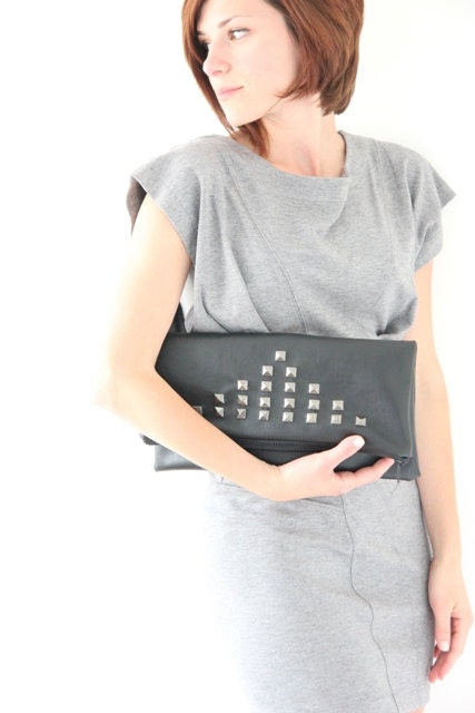 Large leather carry-all pouch (studded bag, large fold over clutch, zippered pouch) - 15 % off