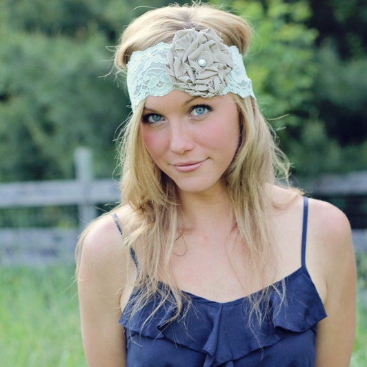 RUTH - mint and gray lace ruffle rose headband