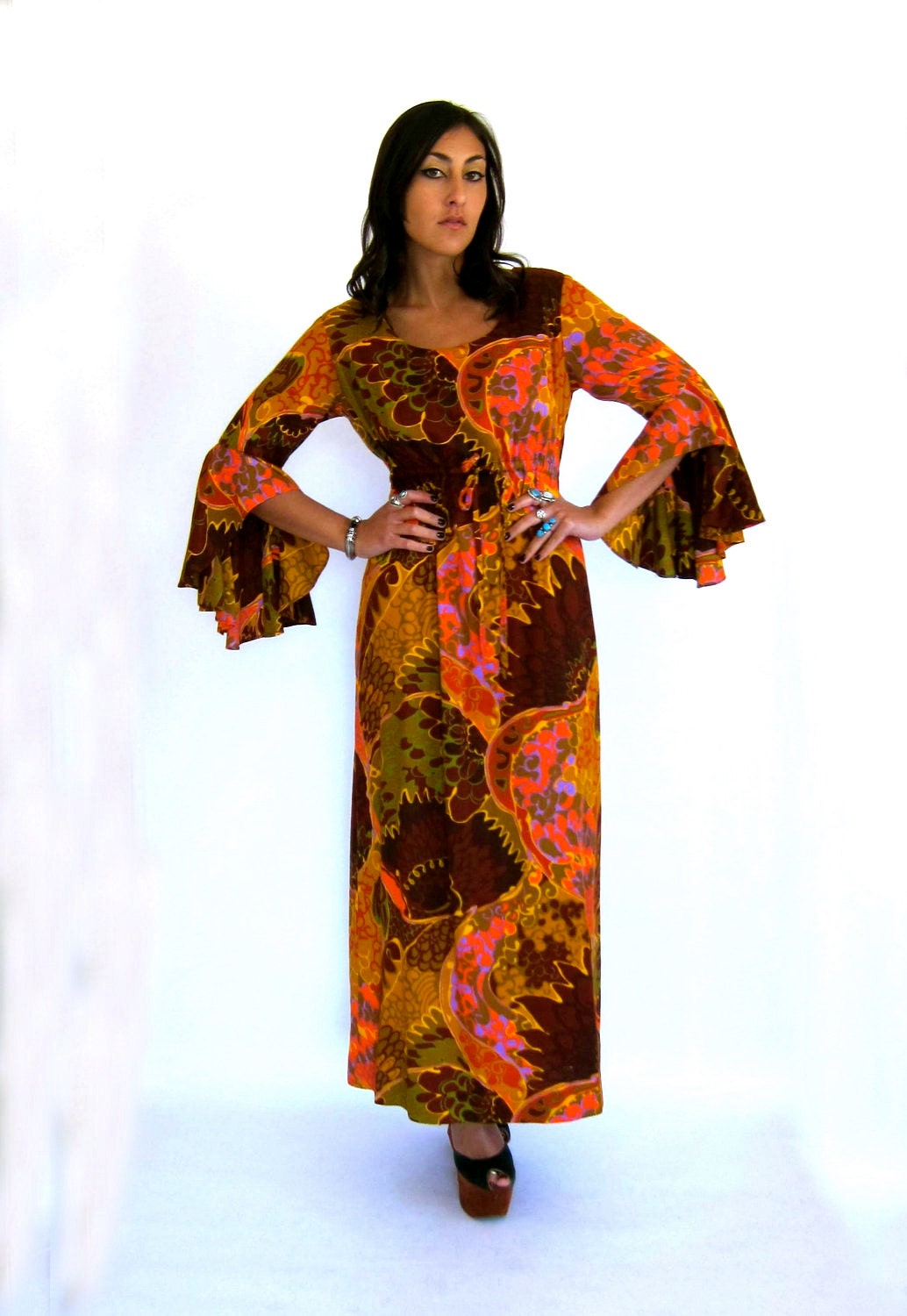 Vintage 70s Psychedelic Butterfly Sleeve Maxi Dress