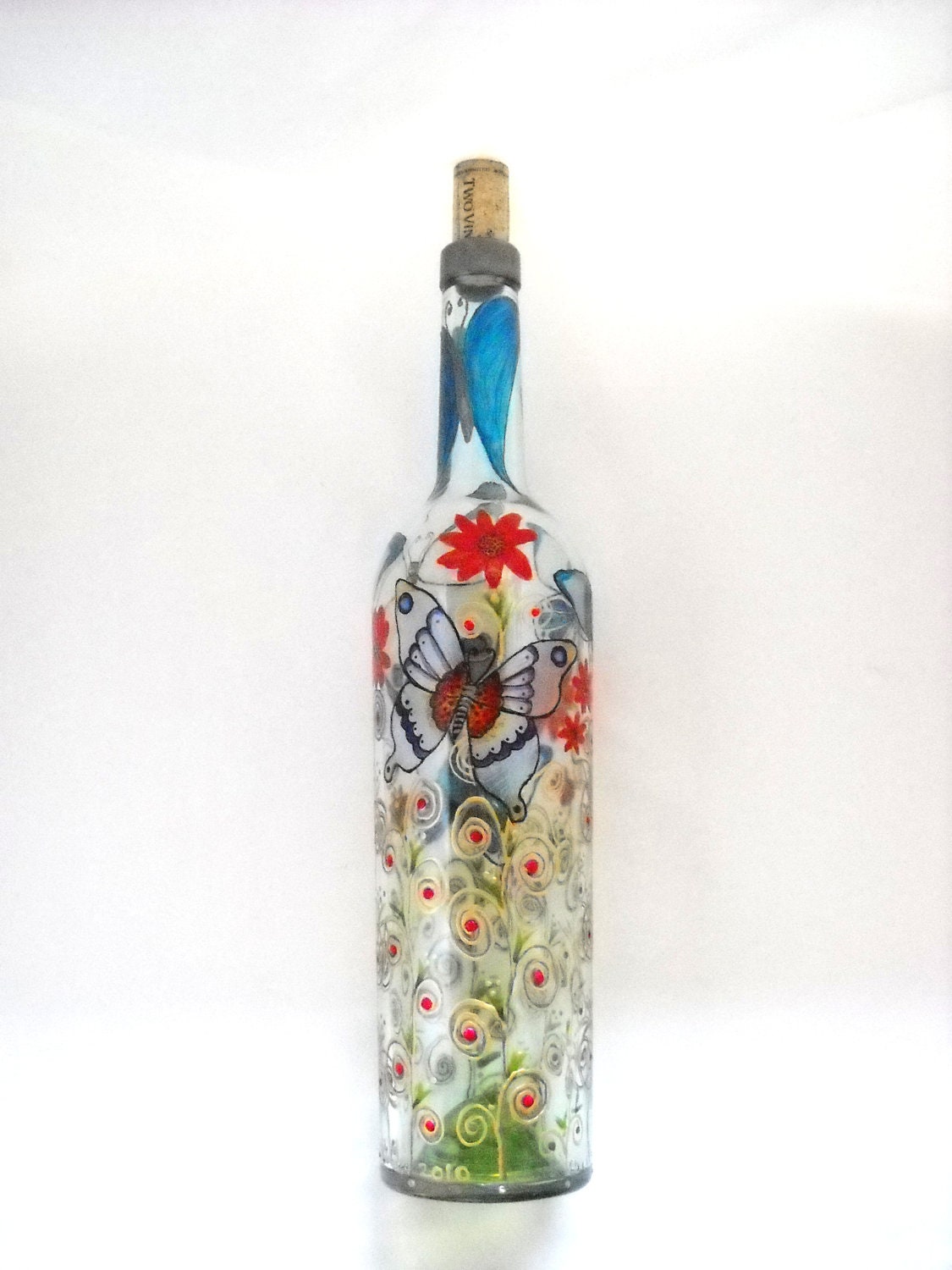 Bottle Art on Glass Hand Painted Butterflies, Message in a Bottle