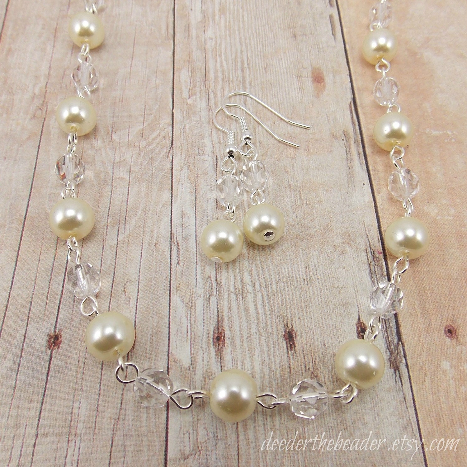 Necklace and Earring Set - Ivory Glass Pearls and Clear Glass