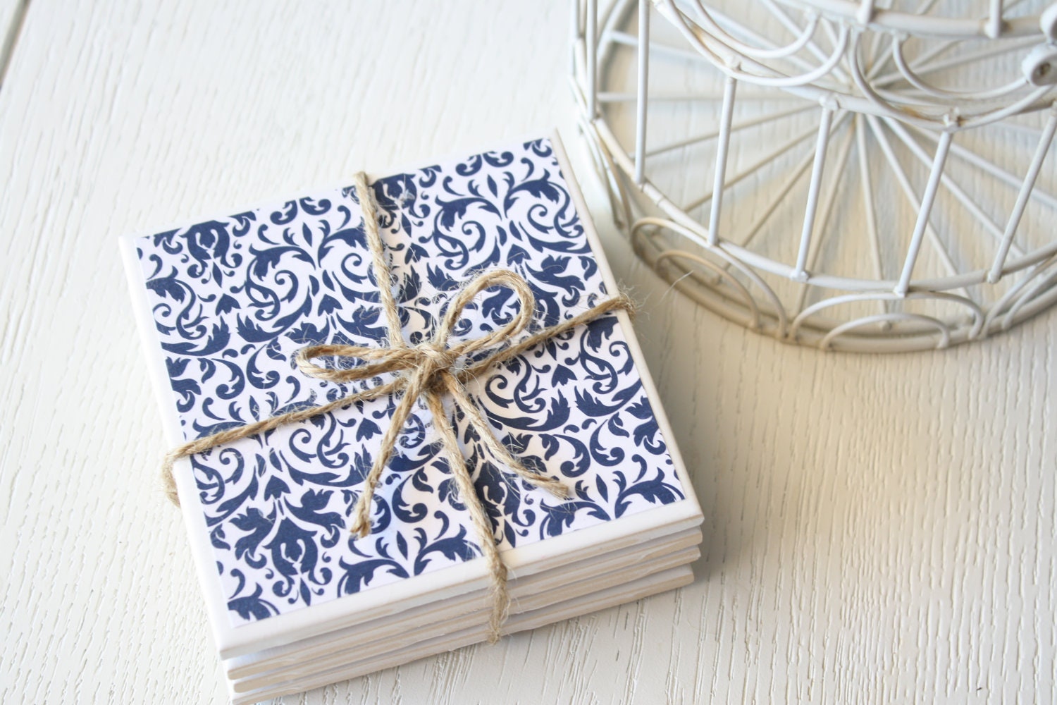 Blue & White Floral Pattern Tile Coasters - RedGiraffeDesigns