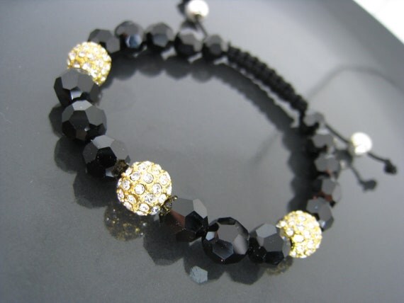 Black Friday Sale... Shamballa Bracelet...Black and Gold Swarovski Beads with Sterling Silver Ball Ends (Sz SM)
