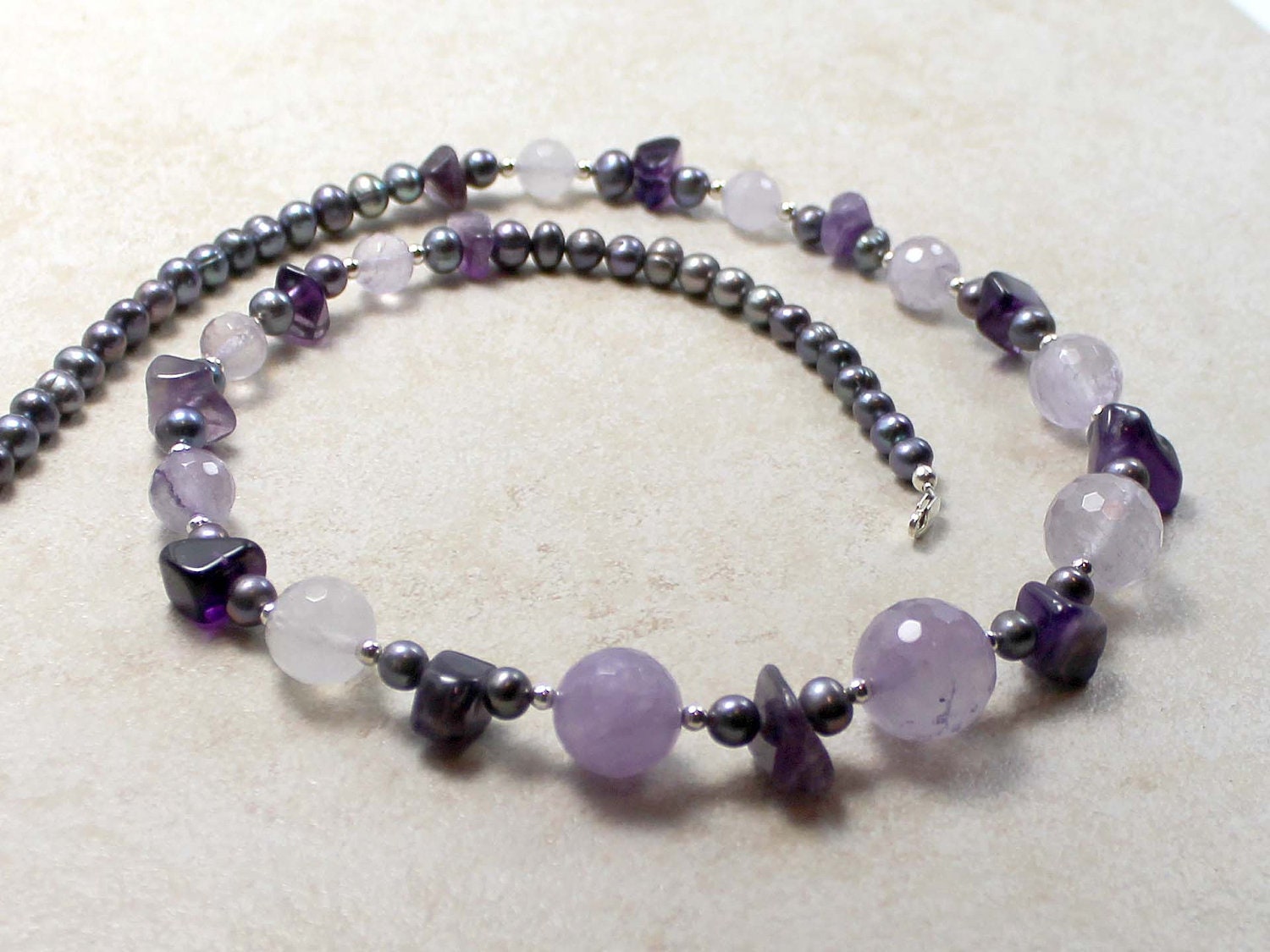 Amethyst and Pearl Necklace in Lavender and Dark Purple with Solid Sterling Silver