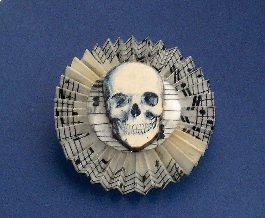 Skull Brooch,Vintage Sheet Music Rosette