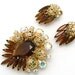 Vintage Juliana Brooch and Earrings Set Large Amber Stone and Gold Tone Filigree Ball Demi Parure