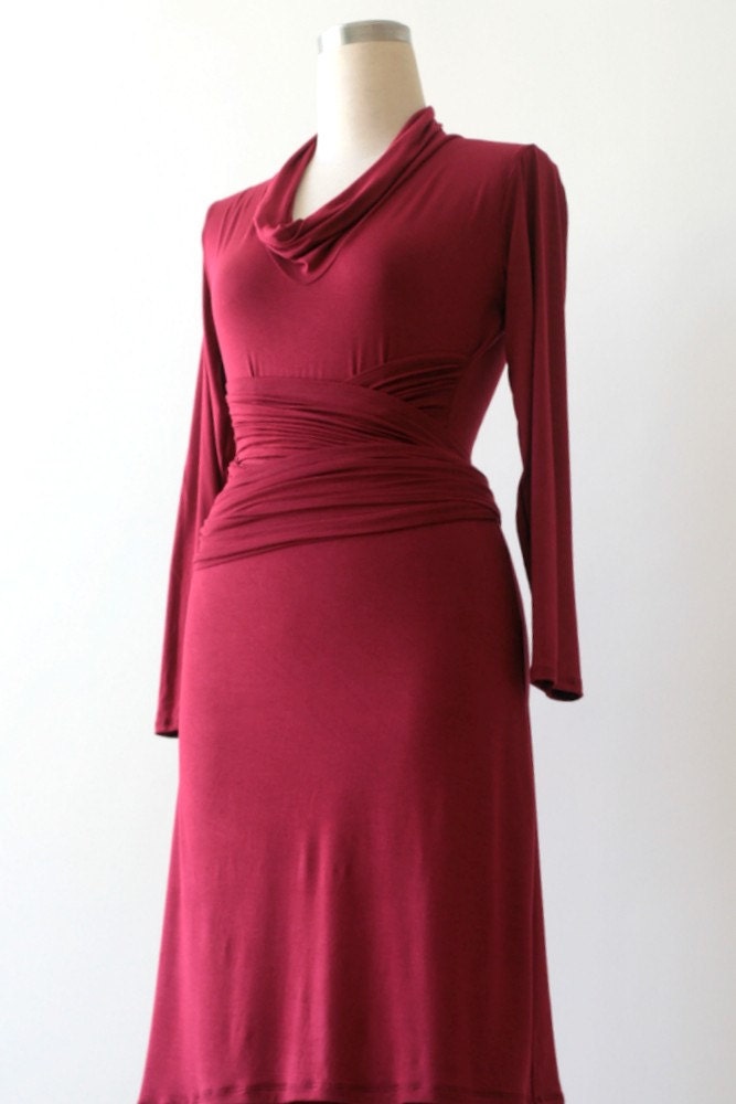Womens clothing. Plus size dress. Dress with cowl neck and long belt. Long sleeve women day dress