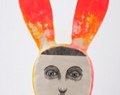 Girl with Rabbit Ears Portrait Mixed Media  Clay Wall Art Drawing - Boyish Sylvie
