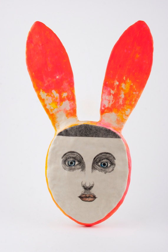 Girl with Rabbit Ears Portrait Mixed Media Clay Wall Art Drawing - Boyish Sylvie