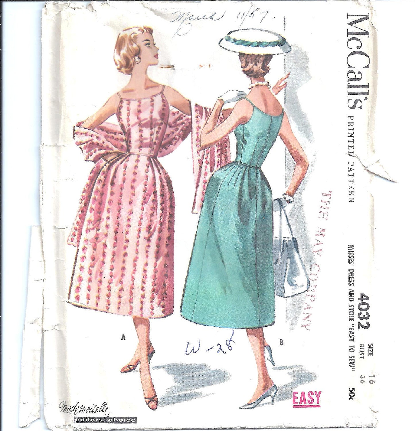 1950s Womens Dress and Stole - McCalls 4032 Vintage Pattern - Bust 36 Size 16