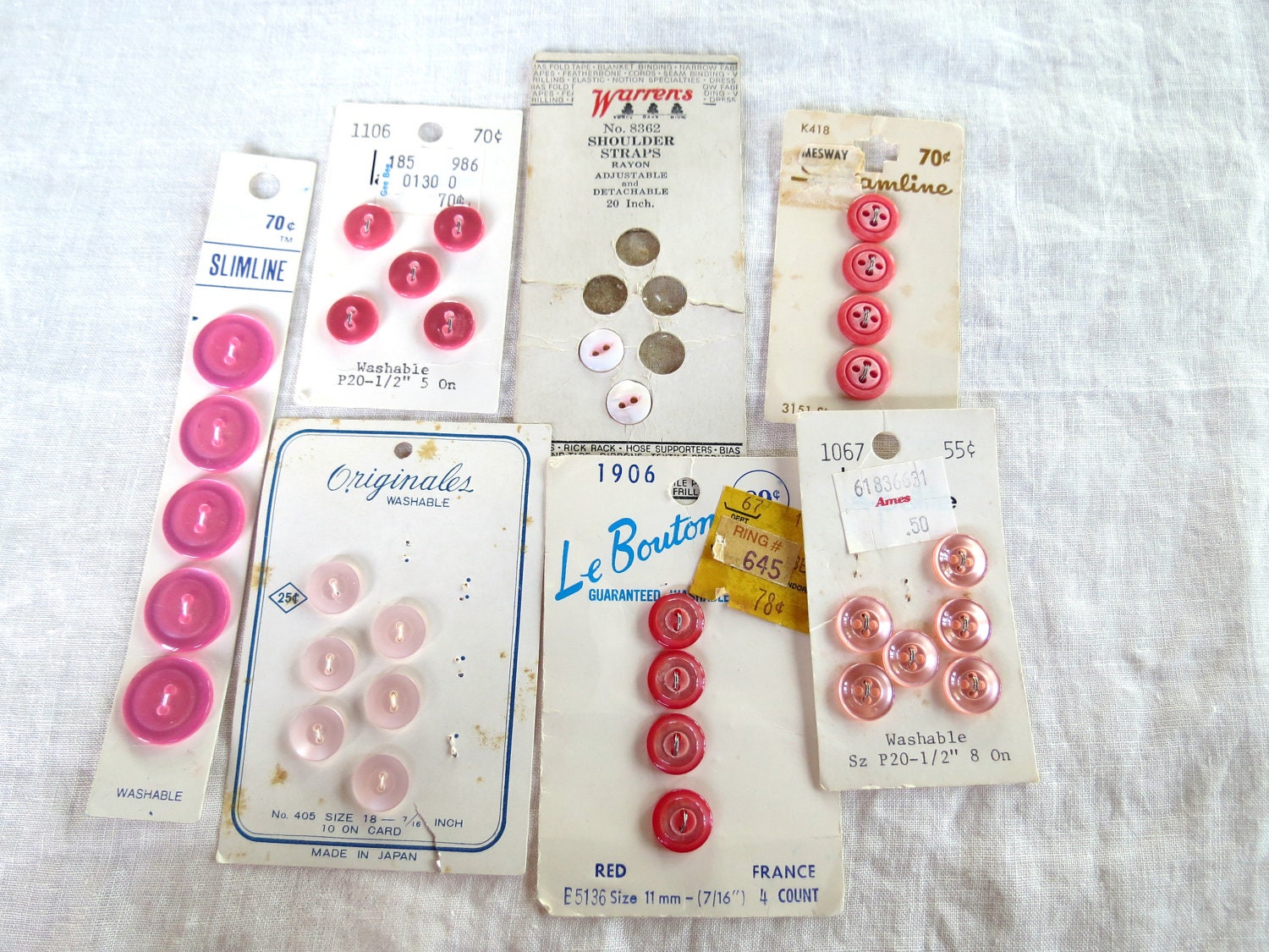 Vintage Button Lot - 32 Pink and Red Plastic Buttons - 7 Cards