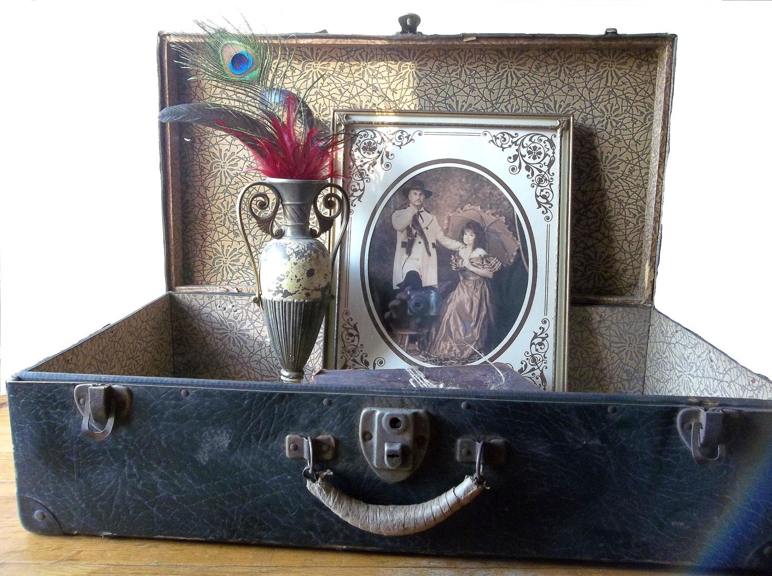 RESERVED -----Antique Black Luggage. Suitcase. Victorian-Western Style Wedding Accessory. Rustic Shabby Photo Prop