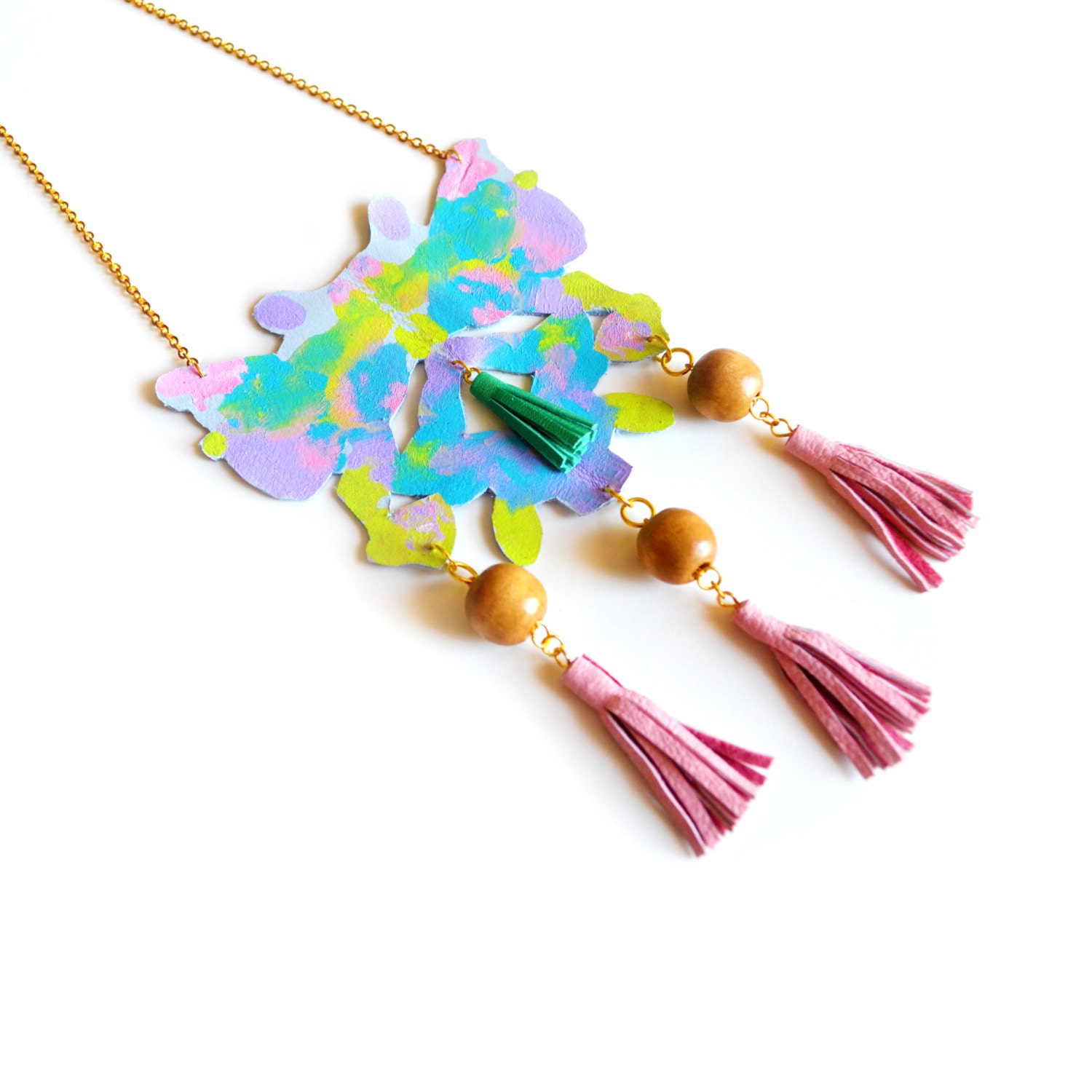 Wood Bead Leather Bib Necklace, Pastel Geometric Jewelry, Ink Blot Rorschach, Ombre with Tassels