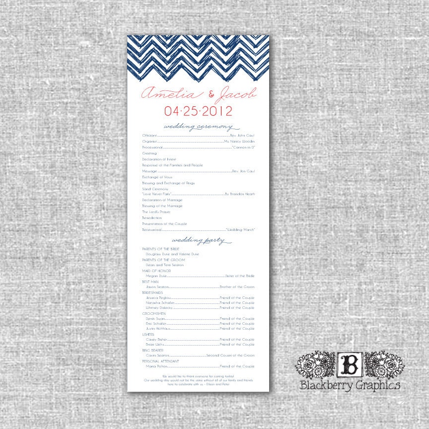 PRINTABLE digital, chevron one-sided Wedding Program - Amelia design