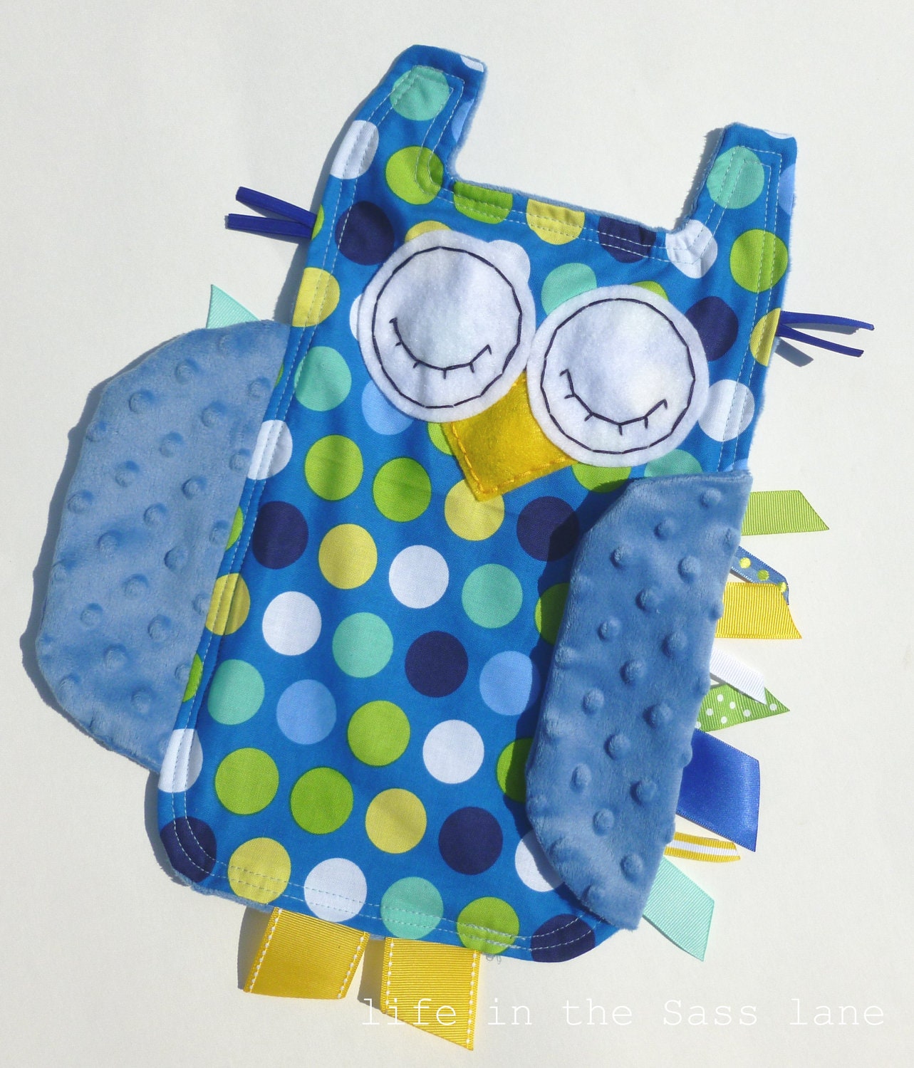 Polka Dots OWL Ribbon Tag Baby Blanket in Blue, Green, Yellow and White with Blue Minky Blankie Lovey Lovie Baby Gift
