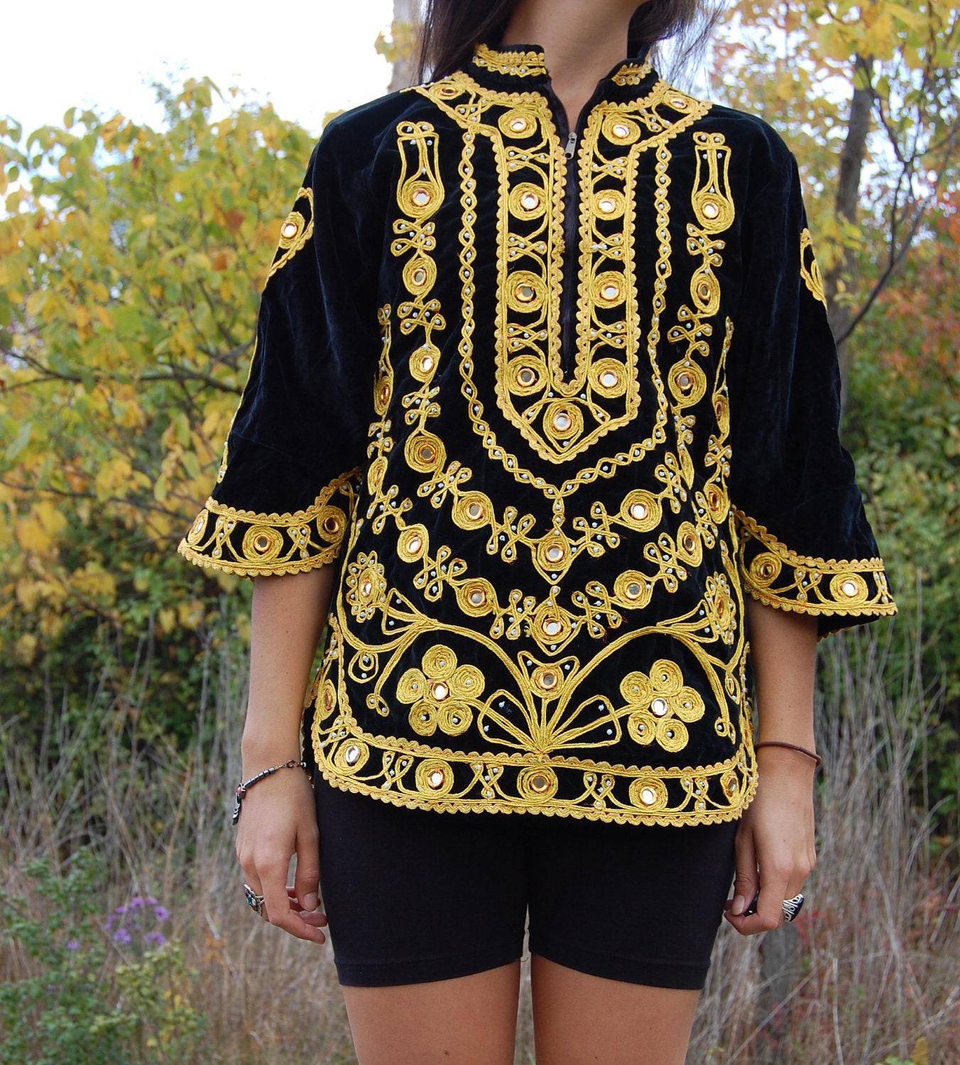 Vintage Turkish Mirrored Black Velvet and Gold Embroidery Shirt with Beads and Mirrors