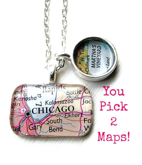 Custom Map Necklace Pick 2 Two Locations
