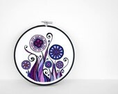 Hand Embroidery Art - Purple Embroidered Flowers in Plum, Lilac and Lavender, 6 inch Embroidery Hoop Wall Art