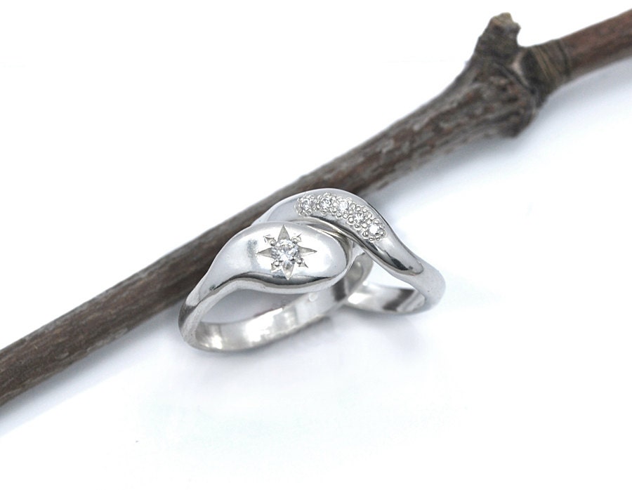 Diamond engagement ring wedding ring band set - modern unique rings - 14k white gold