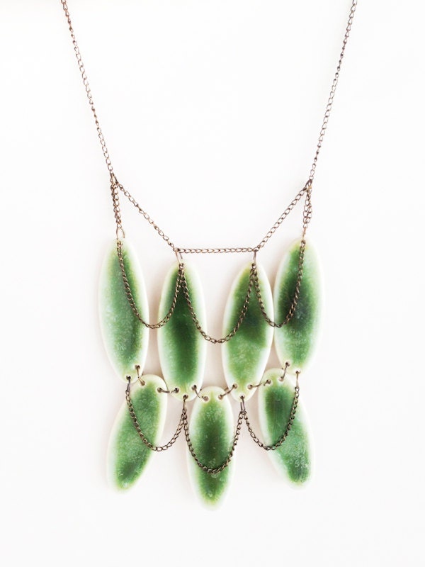 Handmade Jewelry statement necklace in porcelain ceramic and beautiful green glaze