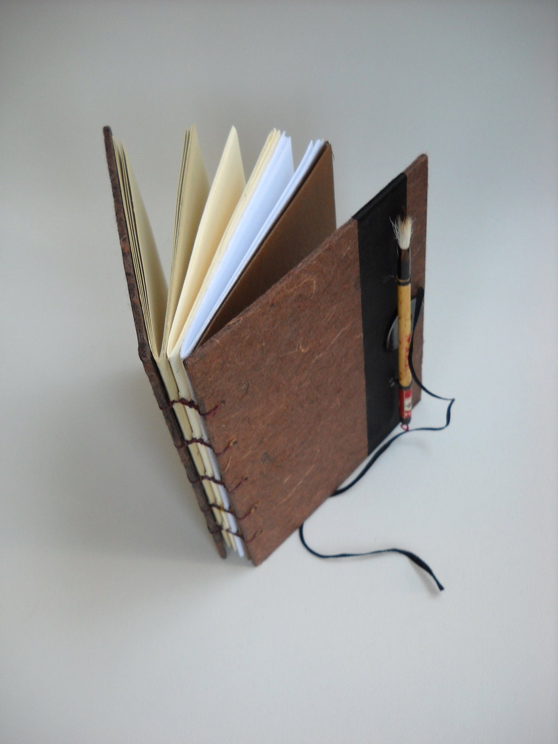 Coptic stitched Journal or Sketch Book With Handmade Paper, Coconut Husk coloured and Calligraphy Brush, Ooak