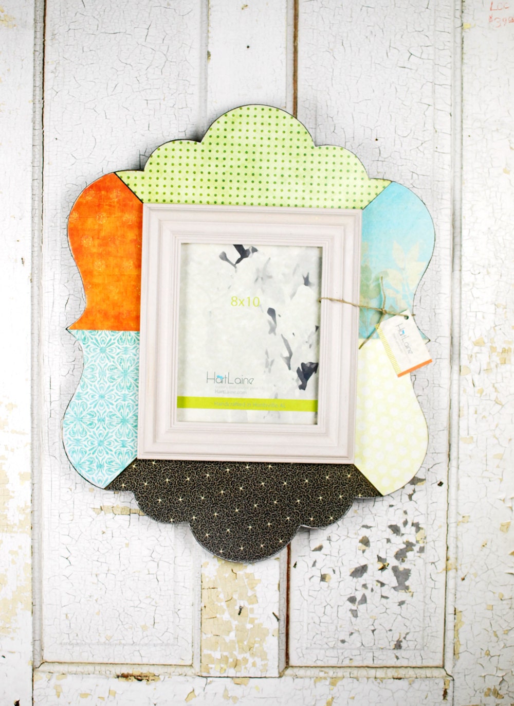 8x10 Decoupage Scalloped Picture Frame - Oranges, Blues, Greens, Yellows and Soft Black
