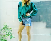 Emerald green SILK bow tie blouse. Secretary blouse RICH luxe green.