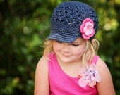 5/Tween or Teen/Adult Flower Newsgirl Newsboy Crocheted Hat Dark Denim, Pink, and Hot Rose