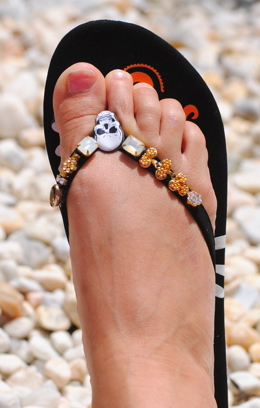 Bling Halloween OOAK 7/8 crystal blinged out, blingy SKULL Flip Flops