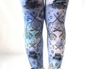 Pirate Printed Tie Dye Tights Narwhal Womens Small Black on Blue Pastel Grunge
