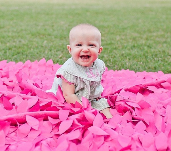 Monogrammed Green Seersucker Dress with Pink Rick Rack