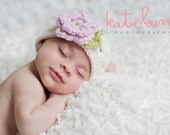 The Sofia Flower Beanie in Baby Pink, Ecru and Celery Green Available in Newborn to Tween Size- MADE TO ORDER