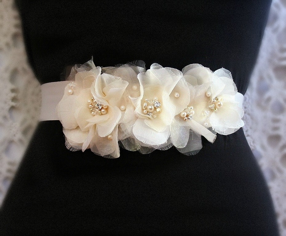 Bridal Sash, Champagne Floral Beaded Wedding Sash