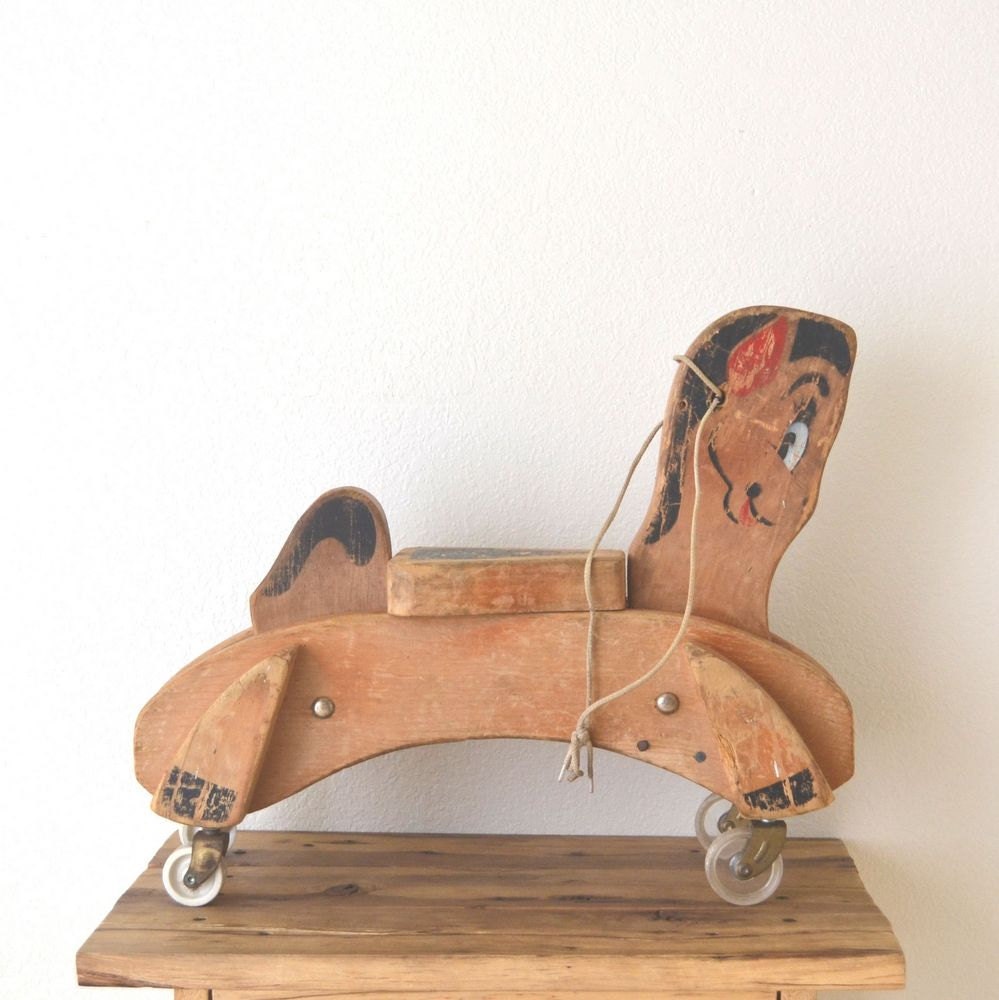 1950s Mid Century Wooden Horse Childrens Pull Toy