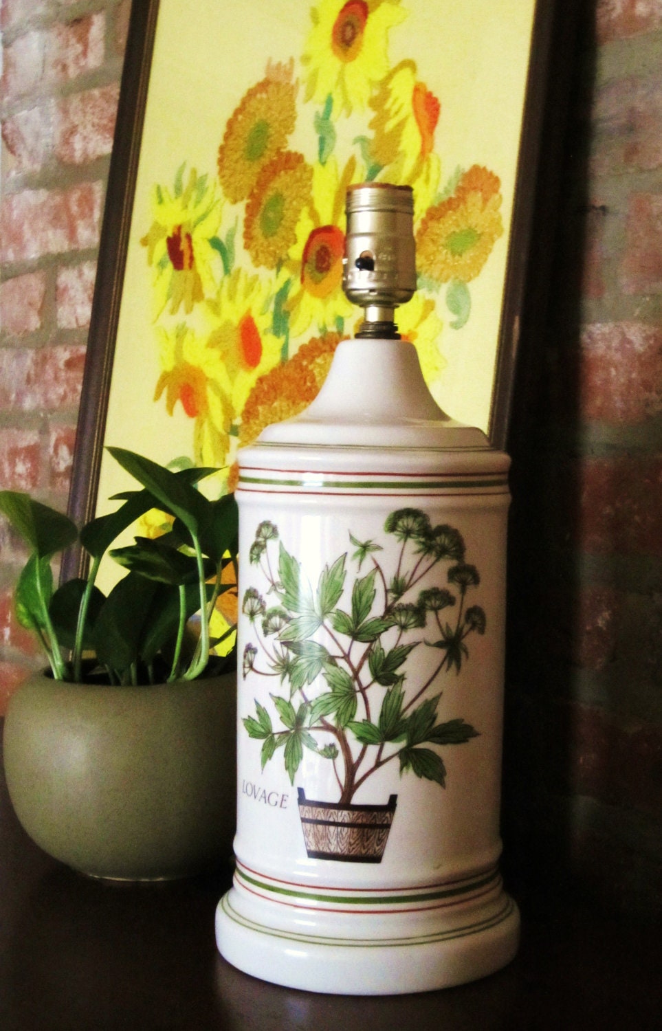 Vintage Lamp Botanical Vine Design Cream with Green Red Brown 1970s