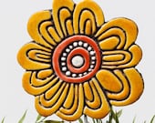 Flower garden decor- garden art- abstract plant stake - lawn ornament - ceramic and metal -hibiscus yellow