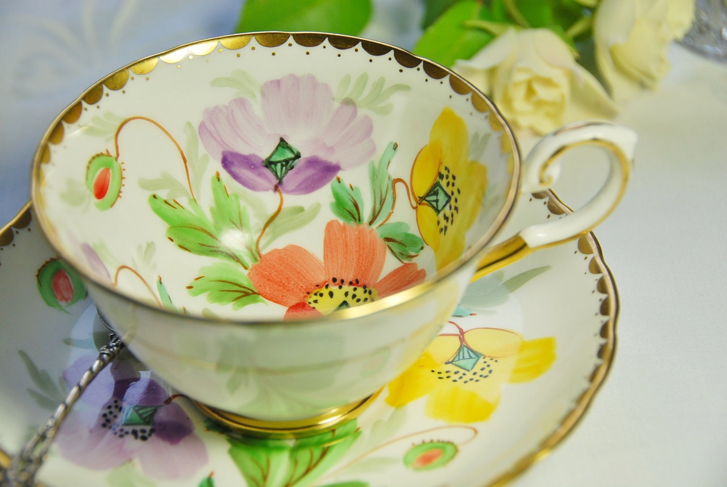 Glorious Tuscan Tea Cup and Saucer, Poppies, Orange/Yellow/Purple, Signed, England